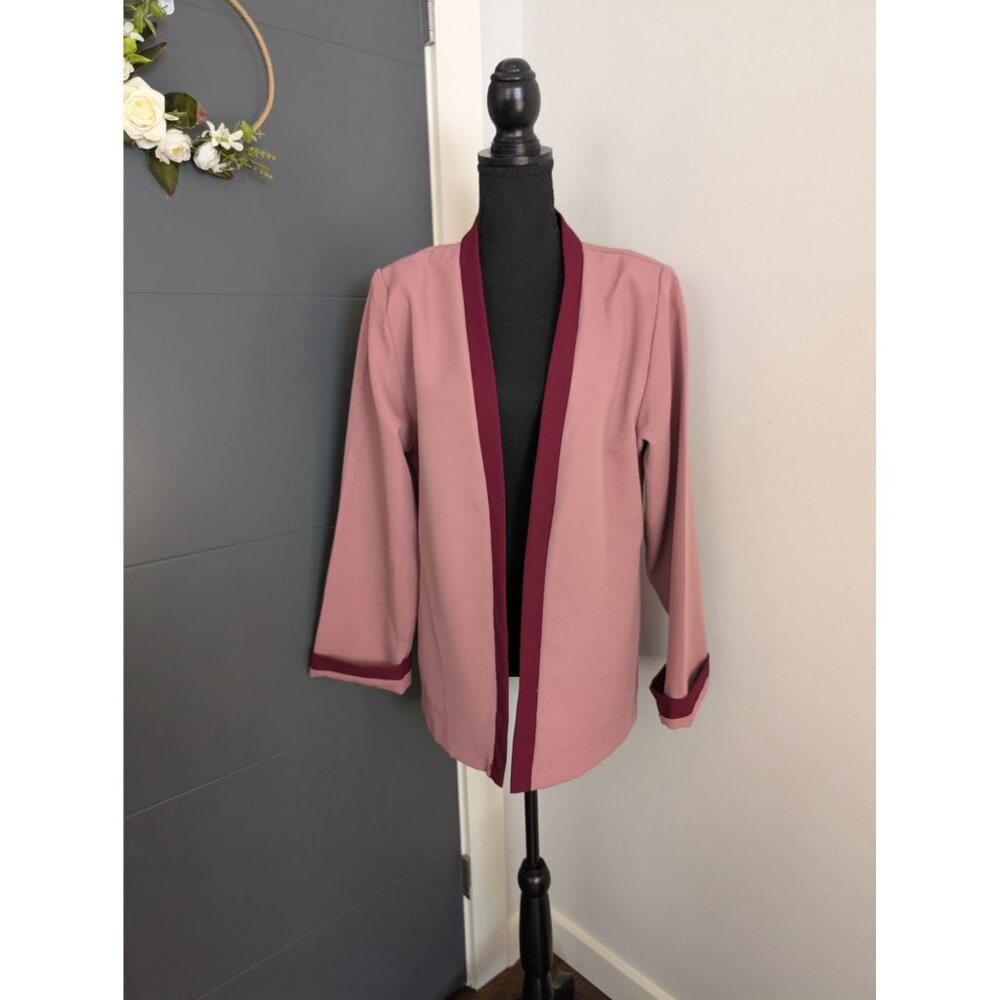 Vintage Anthony Richards Open Front Pink Blazer with Burgundy Trim Size 12